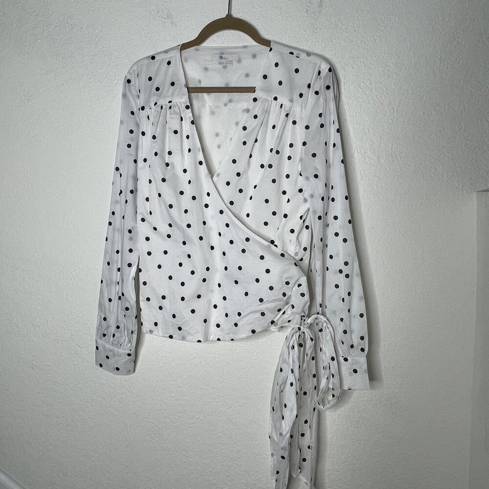 Boden Long Sleeve Wrap Polka Dot Top Size 14R Tie Waist White Black Cotton Lined